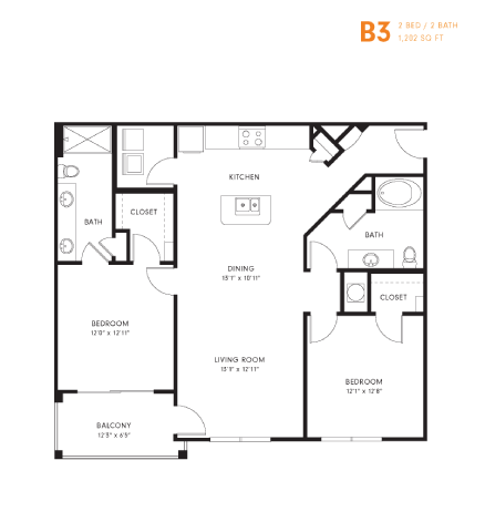 A black and white image of a floor plan for a B3 apartment.